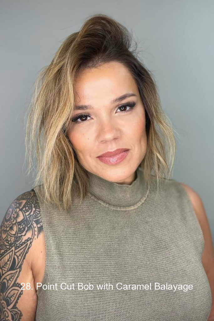 28. Point Cut Bob with Caramel Balayage