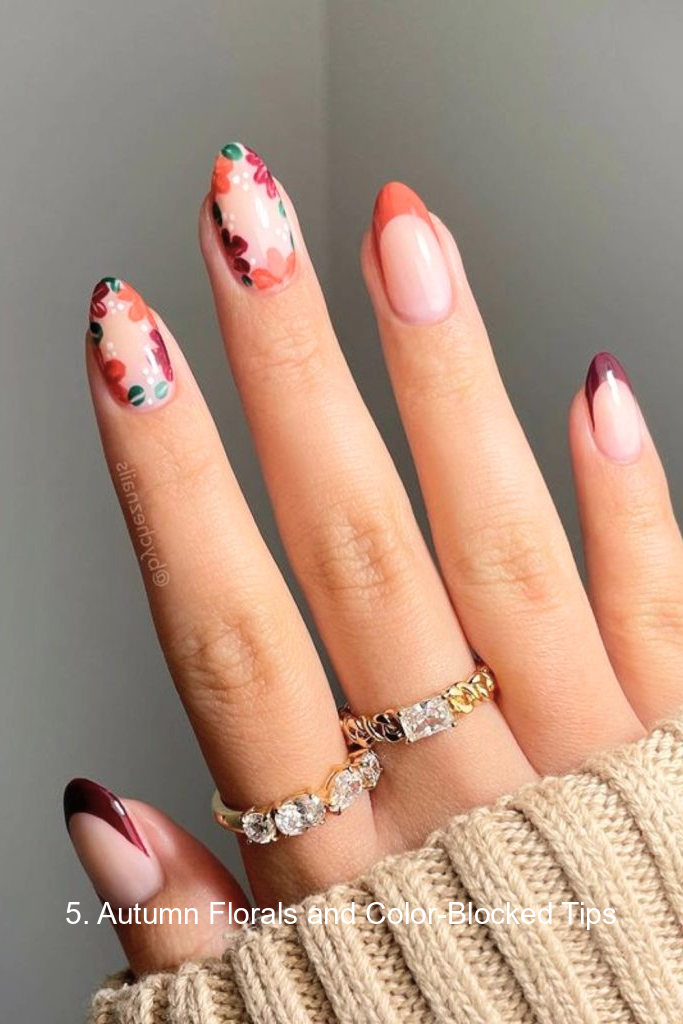 5. Autumn Florals and Color-Blocked Tips